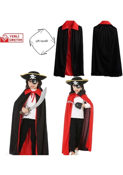 Kırmızı Siyah Renk 90 cm Çift Taraflı Pirate Korsan Pelerini 6-10 Yaş Arası Çocuk Hallow