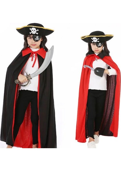 Kırmızı Siyah Renk 90 cm Çift Taraflı Pirate Korsan Pelerini 6-10 Yaş Arası Çocuk Hallow modelleri