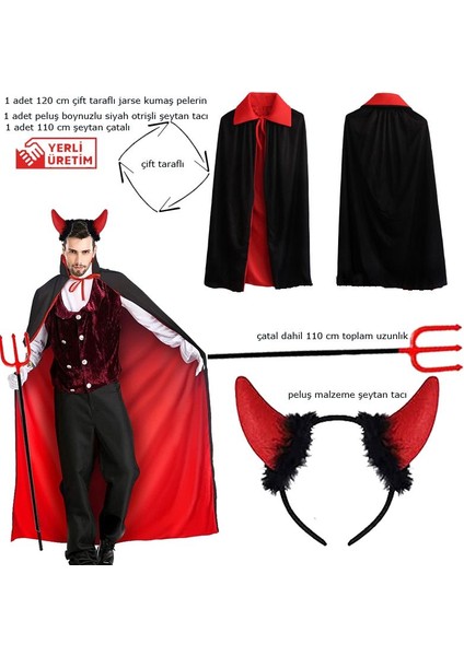 Kırmızı Siyah Renk 120 cm Çift Taraflı Şeytan Pelerini Tacı ve Çatalı 3 Lü Set Yetişkin Halloween