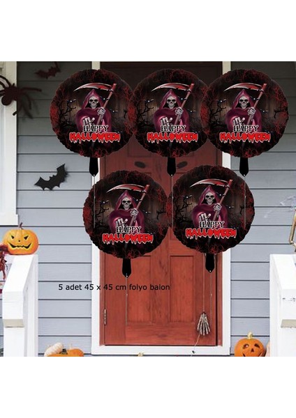 Happy Halloween Yazılı Oraklı Azrail Temalı 45X45 cm Folyo Balon 5 Adet