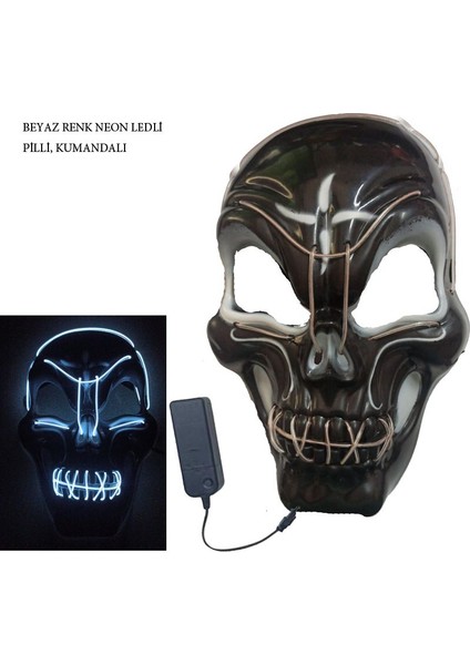 Ağız Göz Neon LED Işıklı Maskesi Beyaz Renk Işıklı 1 Adet Hawaretrohallow