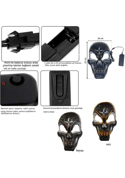 Ağız Göz Neon LED Işıklı Maskesi Beyaz Renk Işıklı 1 Adet Hawaretrohallow fiyatları