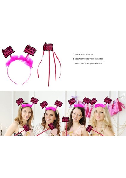 Pembe Renk 2 Parça Otrişli Bekarlığa Veda Team Bride Yazılı Taç ve Asa Seti 1 Adet