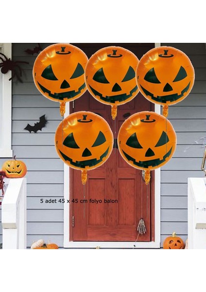 Halloween Temalı Gülen Balkabağı Resimli 45X45 cm Folyo Balon 5 Adet
