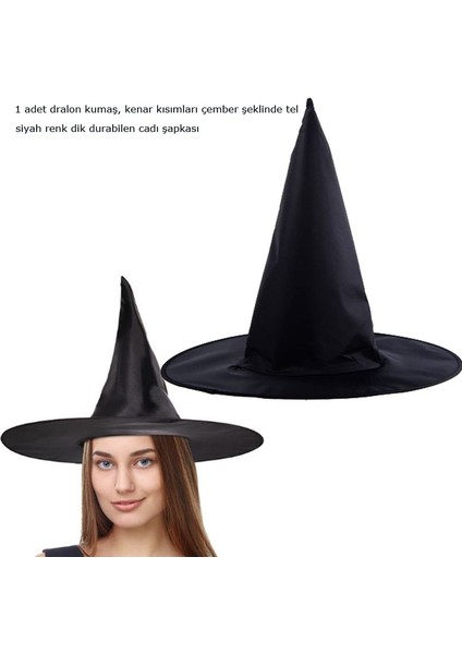 Halloween Siyah Renk Dralon Kumaş Cadı Şapkası Yetişkin