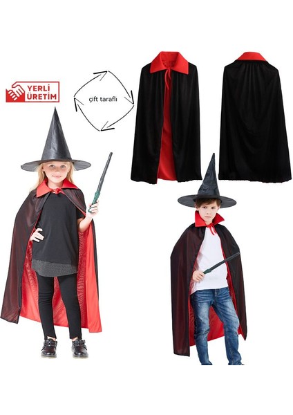 Kırmızı Siyah Renk 90 cm Çift Taraflı Witch Cadı Pelerini 6-10 Yaş Arası Çocuk Hallow