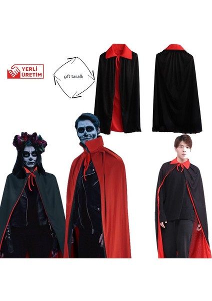 Kırmızı Siyah Renk 120 cm Çift Taraflı Halloween Cadılar Bayramı Pelerini Yetişkin