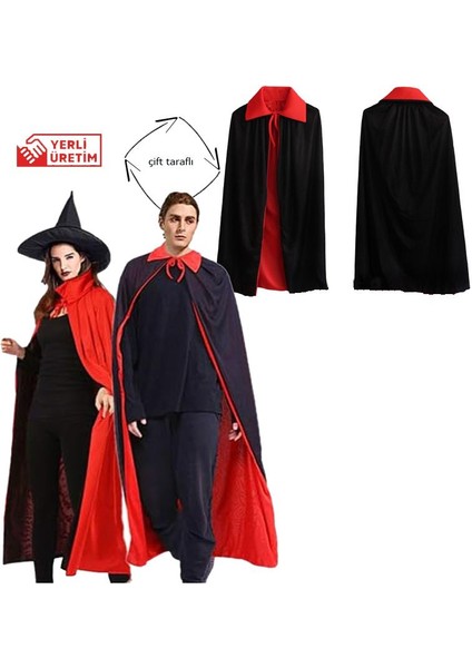 Kırmızı Siyah Renk 120 cm Çift Taraflı Cadı Pelerini Yetişkin Halloween
