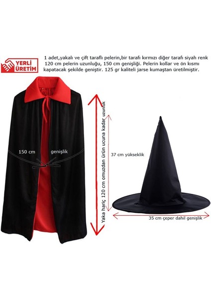 Kırmızı Siyah Renk 120 cm Çift Taraflı Witch Cadı Pelerini ve Şapkası 2 Li Set Yetişkin Halloween fiyatları