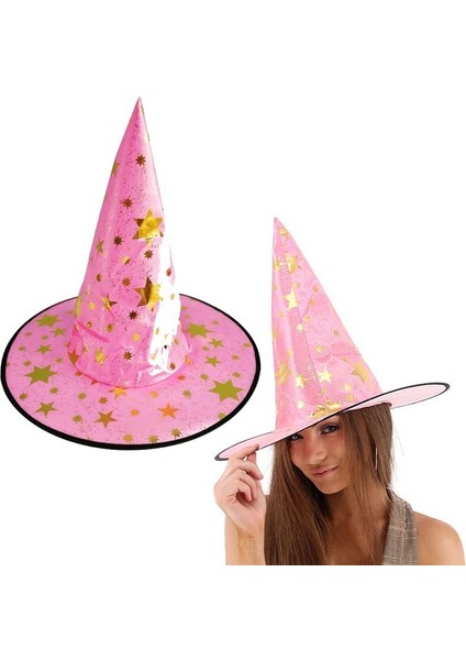 Yıldız Desenli Cadı Şapkası Pembe Renk 1 Adet Yetişkin Hallow