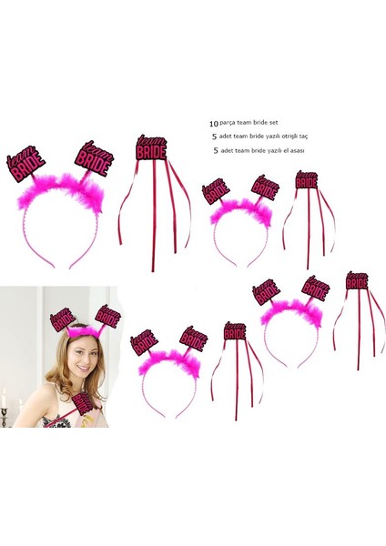 Pembe Renk 2 Parça Otrişli Bekarlığa Veda Team Bride Yazılı Taç ve Asa Seti 5 Adet