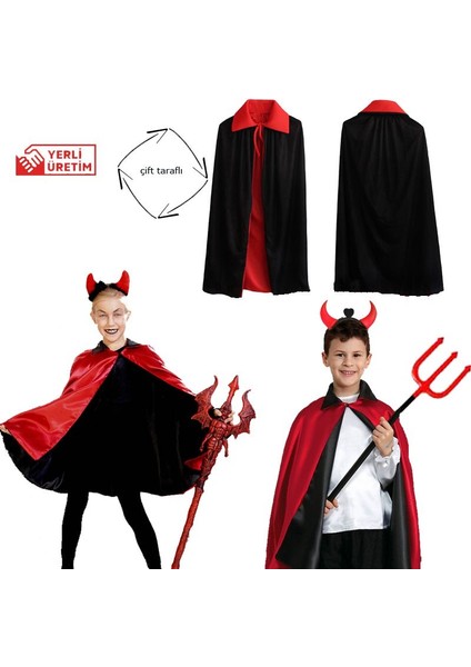 Kırmızı Siyah Renk 90 cm Çift Taraflı Devil Şeytan Pelerini 6-10 Yaş Arası Çocuk Hallow