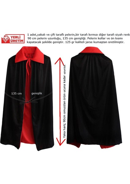 Kırmızı Siyah Renk 90 cm Çift Taraflı Devil Şeytan Pelerini 6-10 Yaş Arası Çocuk Hallow fiyatları