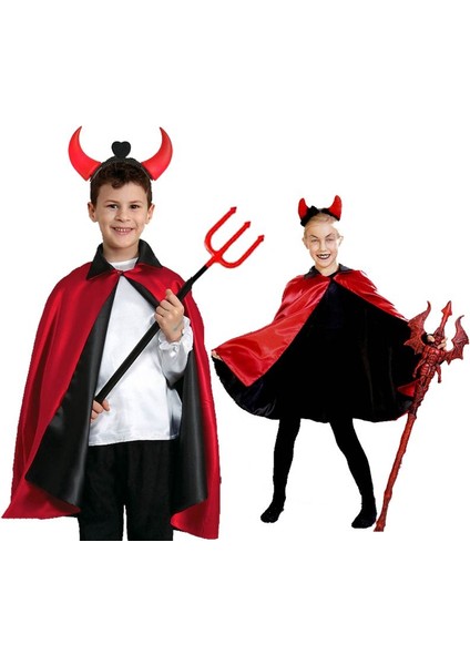 Kırmızı Siyah Renk 90 cm Çift Taraflı Devil Şeytan Pelerini 6-10 Yaş Arası Çocuk Hallow modelleri