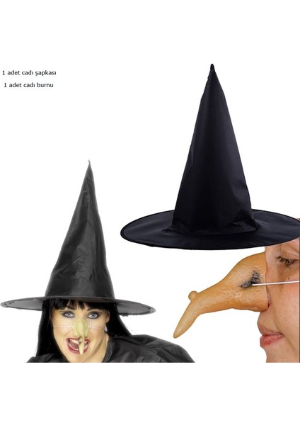 Halloween Siyah Renk Dralon Kumaş Cadı Şapkası ve Cadı Burnu 2 Li Set Yetişkin