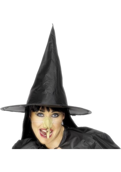 Halloween Siyah Renk Dralon Kumaş Cadı Şapkası ve Cadı Burnu 2 Li Set Yetişkin fiyatları