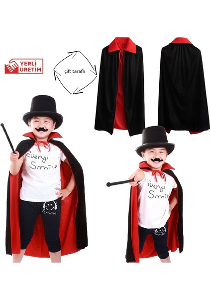 Kırmızı Siyah Renk 90 cm Çift Taraflı Sihirbaz Pelerini 6-10 Yaş Arası Çocuk Hallow