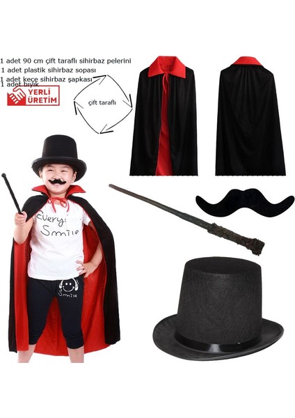 Kırmızı Siyah Renk 90 cm Çift Taraflı Sihirbaz Pelerini Asası Bıyığı ve Şapkası Seti 4 Parça 6-10 Yaş Hallow