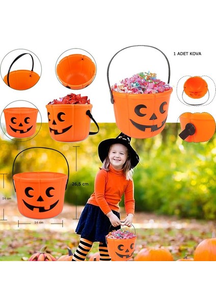 Dişlek Balkabağı Figürlü Halloween Plastik Şeker Toplama Kovası 14 cm Büyük Boy