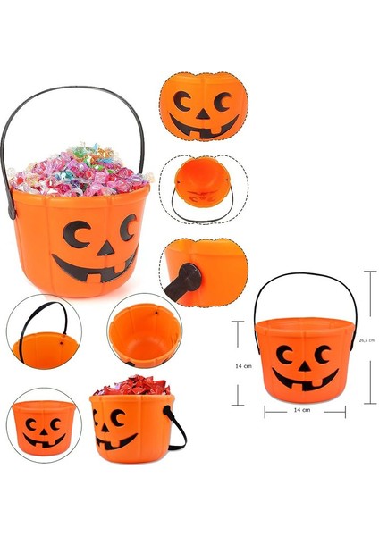 Dişlek Balkabağı Figürlü Halloween Plastik Şeker Toplama Kovası 14 cm Büyük Boy