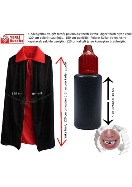 Kırmızı Siyah Renk 120 cm Çift Taraflı Drakula Vampir Pelerini Dişi Kanı 3 Lü Set Yetişkin Halloween fiyatları