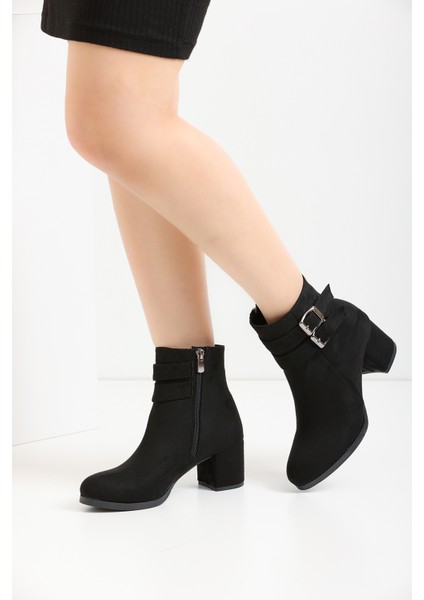 Kadın Siyah Süet Çift Toka Detaylı Kısa Bot