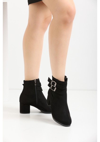 Kadın Siyah Süet Çift Toka Detaylı Kısa Bot modelleri