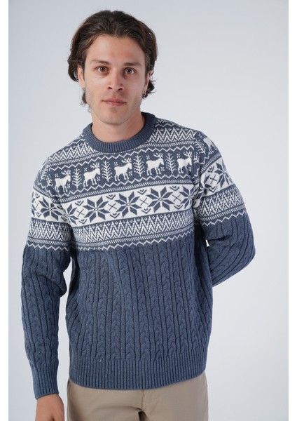 Erkek Saç Örgülü Jakarlı Geyik Desenli Bisiklet Yaka Triko Yün Kazak TRIST-5311