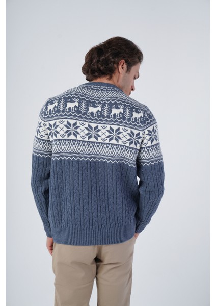 Erkek Saç Örgülü Jakarlı Geyik Desenli Bisiklet Yaka Triko Yün Kazak TRIST-5311 modelleri