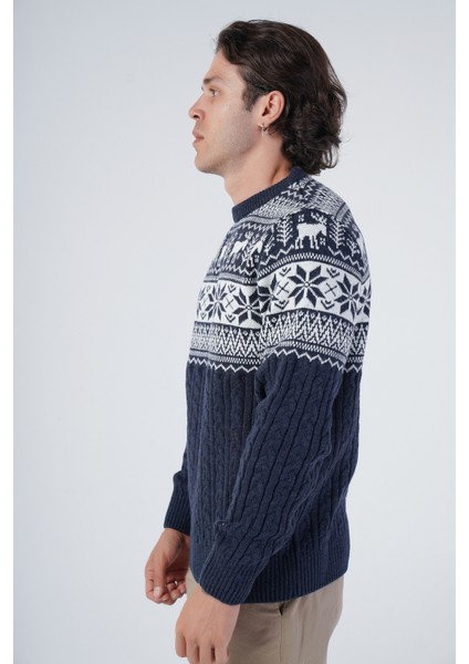 Erkek Saç Örgülü Jakarlı Geyik Desenli Bisiklet Yaka Triko Yün Kazak TRIST-5311 fırsatları