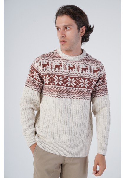 Erkek Saç Örgülü Jakarlı Geyik Desenli Bisiklet Yaka Triko Yün Kazak TRIST-5311