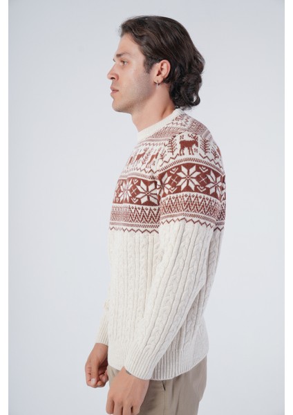 Erkek Saç Örgülü Jakarlı Geyik Desenli Bisiklet Yaka Triko Yün Kazak TRIST-5311 fırsatları
