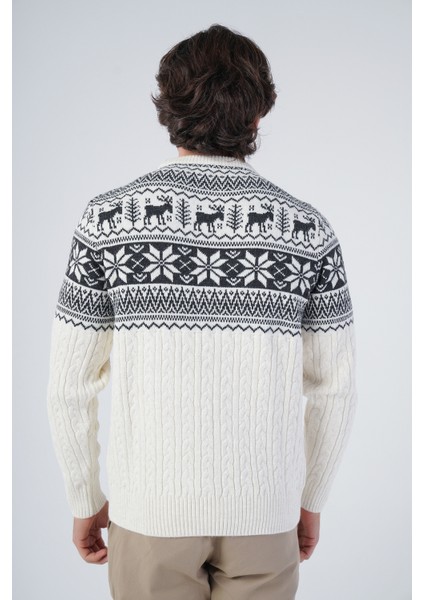 Erkek Saç Örgülü Jakarlı Geyik Desenli Bisiklet Yaka Triko Yün Kazak TRIST-5311