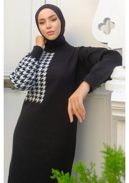 Kazayağı Desenli Triko Elbise Siyah HM2241