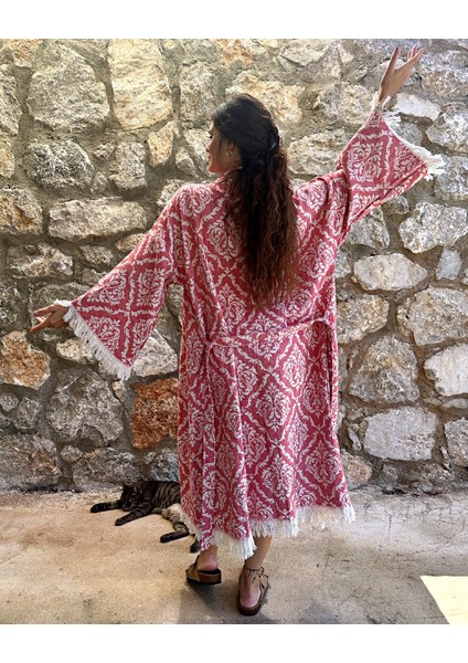 Byenbi Damask Desenli Kimono  Pamuk Kırmızı