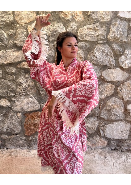 Byenbi Damask Desenli Kimono  Pamuk Kırmızı