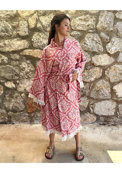 Byenbi Damask Desenli Kimono  Pamuk Kırmızı