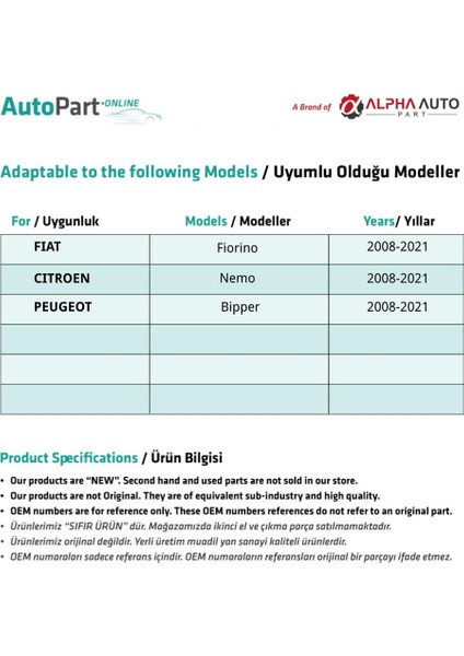 Alpha Auto Part Fiat Fiorino,citroen Nemo,peugeot Bipper Için Cam Tamir Seti-Sağ-Sol-Set