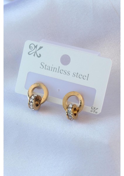 E-Bijuteri Çelik Gold Renk Zirkon Taşlı Romen Rakamları Işleme Detay Kadın Küpe