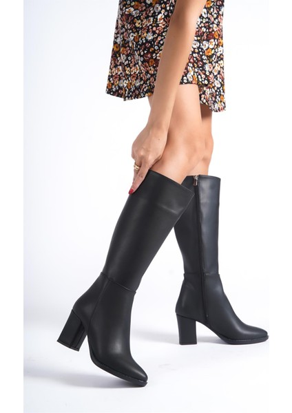 Kadın Paris Siyah Deri Yandan Fermuarlı Diz Altı Cizme
