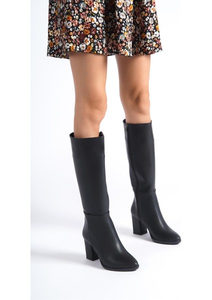 Kadın Paris Siyah Deri Yandan Fermuarlı Diz Altı Cizme fiyatları