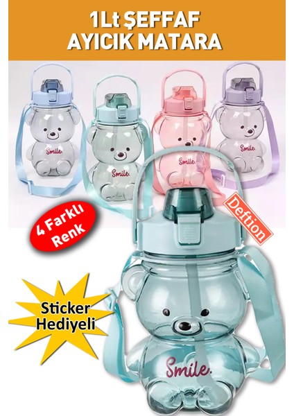 1000ml Şeffaf Yeşil Sevimli Ayıcık Matara Ayıcıklı Motivasyon Okul Motive Spor Için 2D ve 3D Sticker Hediyeli