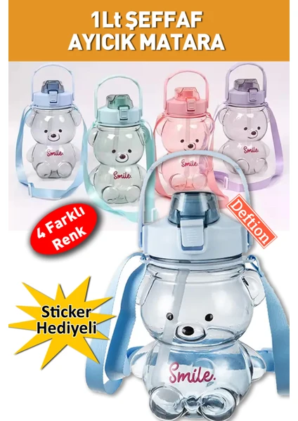 1000ml Şeffaf Mavi Sevimli Ayıcık Matara Ayıcıklı Motivasyon Okul Motive Spor Için 2D ve 3D Sticker Hediyeli