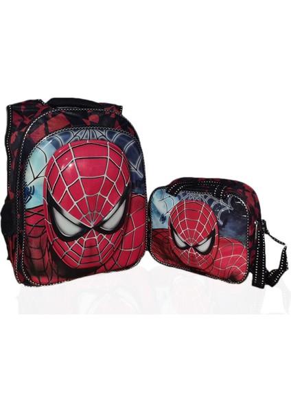 2 Gözlü Spiderman Sırt Çantası + Beslenme + Suluk - Örümcek Adam Ilkokul Çantası - Okul Çantası
