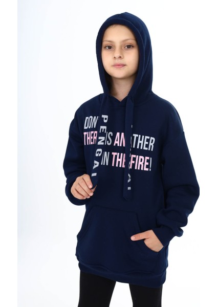 Lacivert Yazı Baskılı Polarlı Kız Çocuk Kapşonlu Sweatshirt 16437