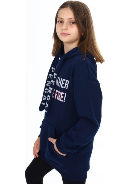 Lacivert Yazı Baskılı Polarlı Kız Çocuk Kapşonlu Sweatshirt 16437