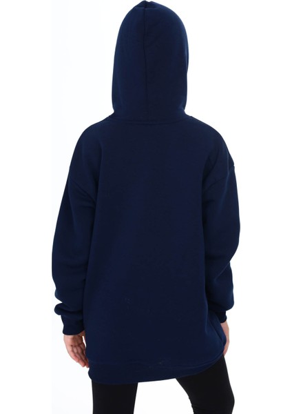 Lacivert Yazı Baskılı Polarlı Kız Çocuk Kapşonlu Sweatshirt 16437