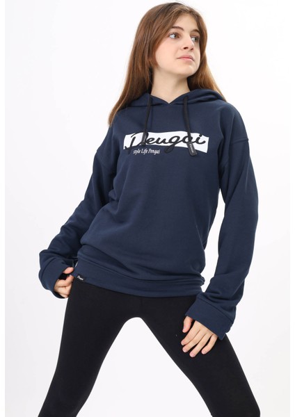 Lacivert Yazı Nakışlı Kapüşonlu Kız Çocuk Sweatshirt 16445