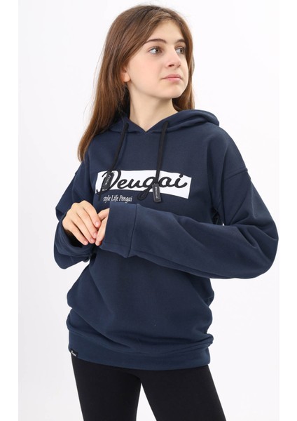 Lacivert Yazı Nakışlı Kapüşonlu Kız Çocuk Sweatshirt 16445