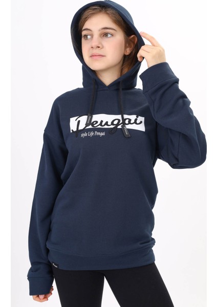 Lacivert Yazı Nakışlı Kapüşonlu Kız Çocuk Sweatshirt 16445